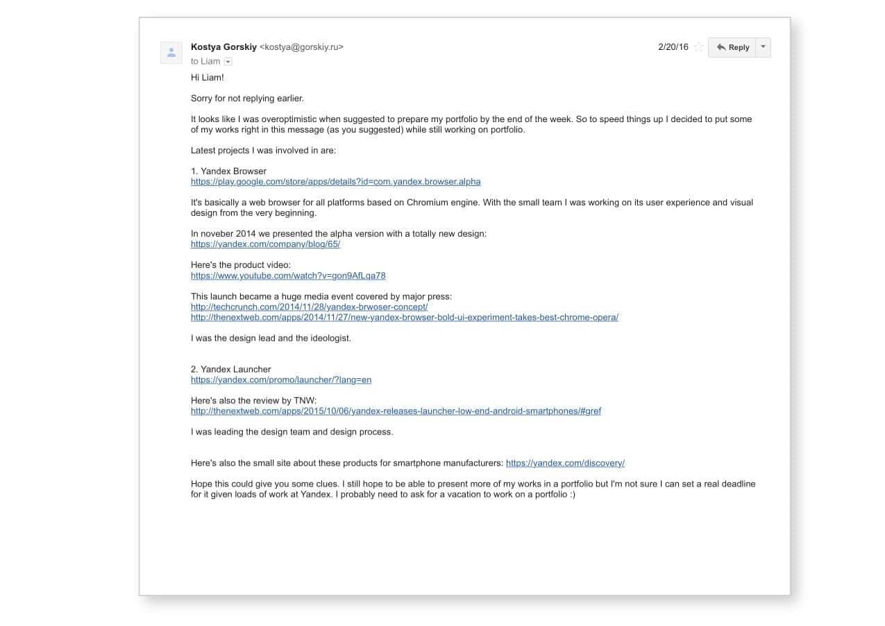product design portfolio email application