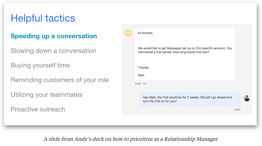A slide from Andy's deck on how to prioritize as a Relationship Manager
