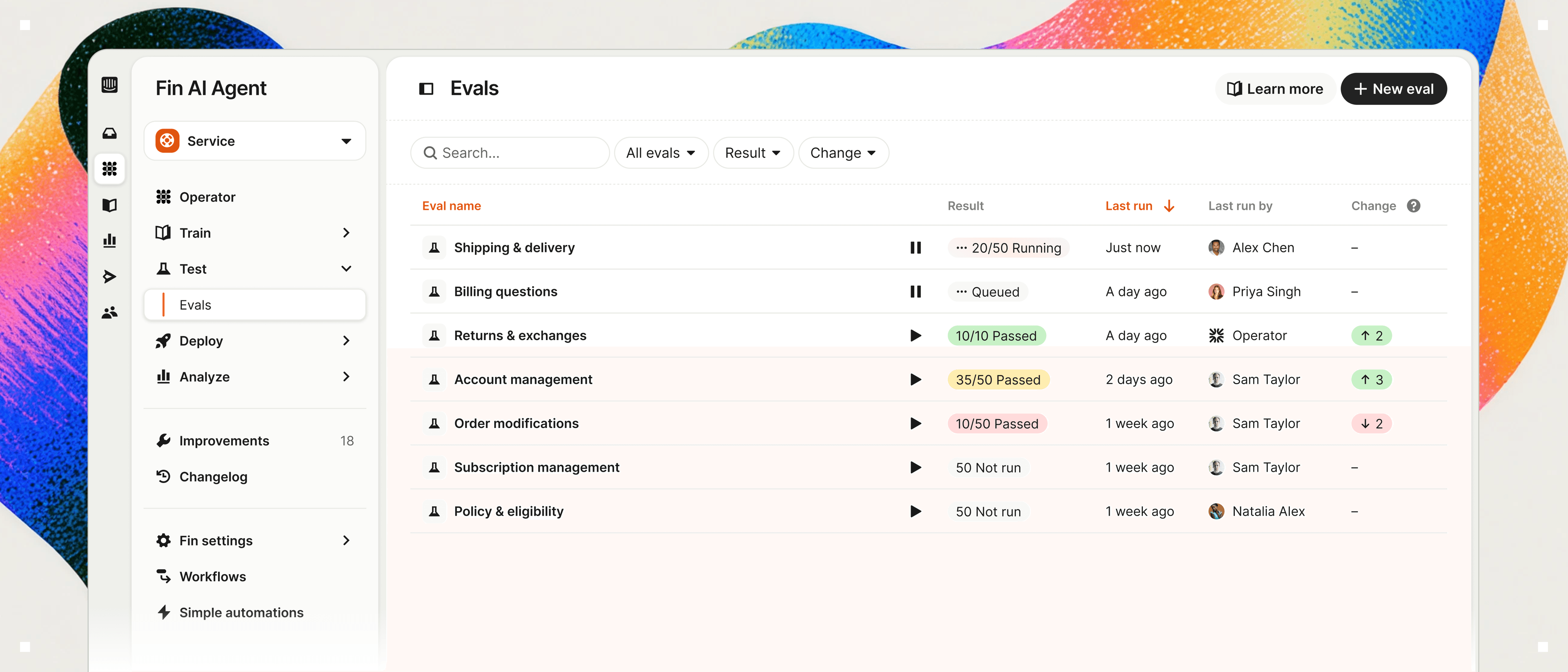 Evals menu, showing a few topics, including Shipping & Delivery, Billing, ect