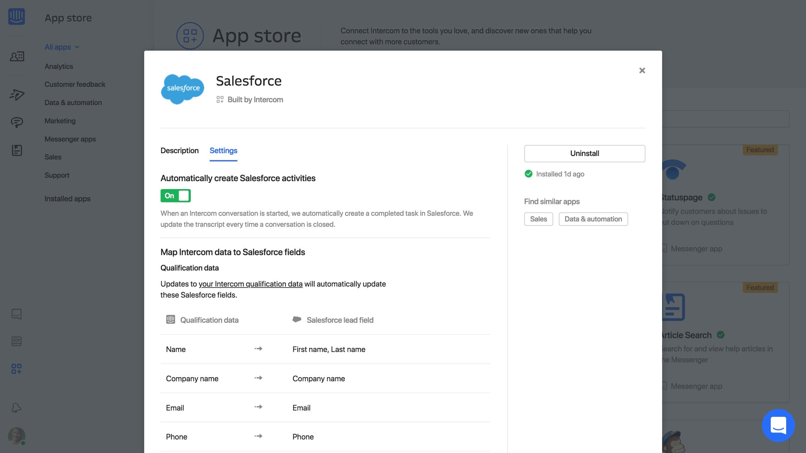 Salesforce App for Intercom