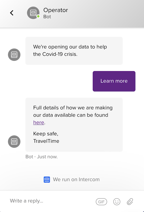 TravelTime is proactively communicating support for those affected by COVID-19 through the use of bots.