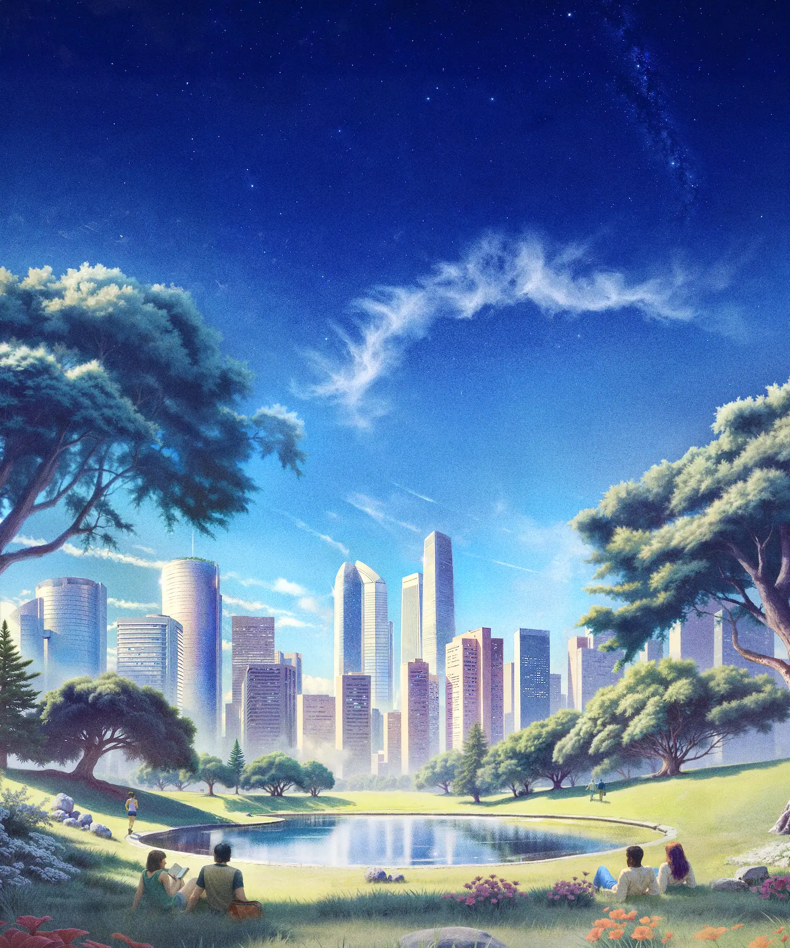 A decorative image depicting a futuristic landscape, the foreground of which is a lush green space with a pond, the background of which is bustling cityscape